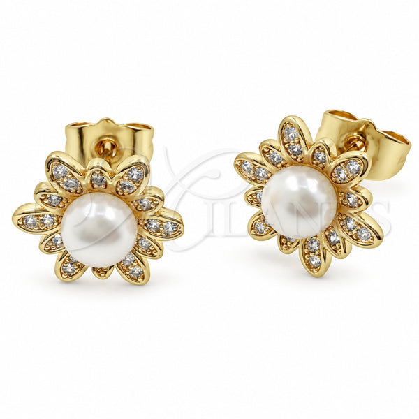 Oro Laminado Stud Earring, Gold Filled Style Flower Design, with Ivory Pearl and White Micro Pave, Polished, Golden Finish, 02.344.0239