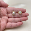 Oro Laminado Stud Earring, Gold Filled Style Flower and Cluster Design, with White Micro Pave and Ivory Pearl, Polished, Golden Finish, 02.344.0181.1