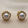 Oro Laminado Stud Earring, Gold Filled Style Flower and Cluster Design, with White Micro Pave and Ivory Pearl, Polished, Golden Finish, 02.344.0181.1