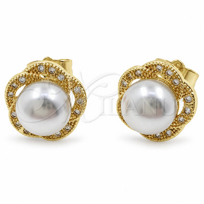 Oro Laminado Stud Earring, Gold Filled Style Flower and Cluster Design, with White Micro Pave and Ivory Pearl, Polished, Golden Finish, 02.344.0181.1
