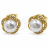 Oro Laminado Stud Earring, Gold Filled Style Flower and Cluster Design, with White Micro Pave and Ivory Pearl, Polished, Golden Finish, 02.344.0181.1