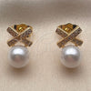 Oro Laminado Stud Earring, Gold Filled Style with Ivory Pearl and White Micro Pave, Polished, Golden Finish, 02.344.0221.1