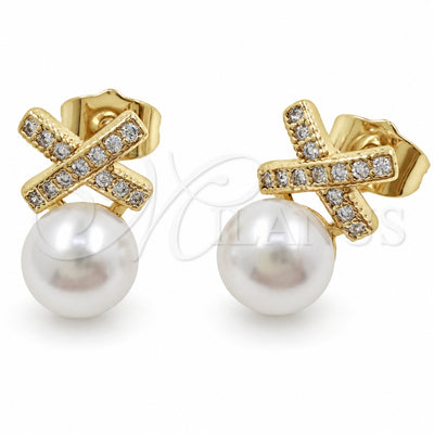 Oro Laminado Stud Earring, Gold Filled Style with Ivory Pearl and White Micro Pave, Polished, Golden Finish, 02.344.0221.1
