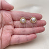 Oro Laminado Stud Earring, Gold Filled Style Love Knot Design, with Ivory Pearl and White Micro Pave, Polished, Golden Finish, 02.344.0240