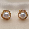 Oro Laminado Stud Earring, Gold Filled Style Love Knot Design, with Ivory Pearl and White Micro Pave, Polished, Golden Finish, 02.344.0240