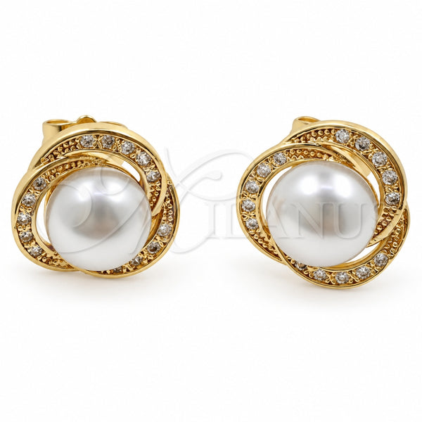 Oro Laminado Stud Earring, Gold Filled Style Love Knot Design, with Ivory Pearl and White Micro Pave, Polished, Golden Finish, 02.344.0240
