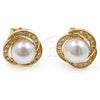 Oro Laminado Stud Earring, Gold Filled Style Love Knot Design, with Ivory Pearl and White Micro Pave, Polished, Golden Finish, 02.344.0240