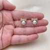 Oro Laminado Stud Earring, Gold Filled Style Bow and Ball Design, with Ivory Pearl and White Cubic Zirconia, Polished, Golden Finish, 02.344.0241