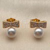 Oro Laminado Stud Earring, Gold Filled Style Bow and Ball Design, with Ivory Pearl and White Cubic Zirconia, Polished, Golden Finish, 02.344.0241