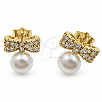 Oro Laminado Stud Earring, Gold Filled Style Bow and Ball Design, with Ivory Pearl and White Cubic Zirconia, Polished, Golden Finish, 02.344.0241