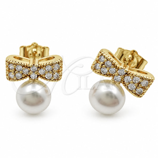 Oro Laminado Stud Earring, Gold Filled Style Bow and Ball Design, with Ivory Pearl and White Cubic Zirconia, Polished, Golden Finish, 02.344.0241