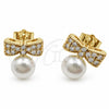 Oro Laminado Stud Earring, Gold Filled Style Bow and Ball Design, with Ivory Pearl and White Cubic Zirconia, Polished, Golden Finish, 02.344.0241