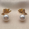 Oro Laminado Stud Earring, Gold Filled Style Butterfly Design, with Ivory Pearl and White Micro Pave, Polished, Golden Finish, 02.344.0242