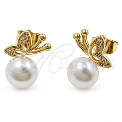 Oro Laminado Stud Earring, Gold Filled Style Butterfly Design, with Ivory Pearl and White Micro Pave, Polished, Golden Finish, 02.344.0242