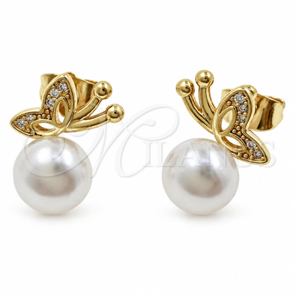 Oro Laminado Stud Earring, Gold Filled Style Butterfly Design, with Ivory Pearl and White Micro Pave, Polished, Golden Finish, 02.344.0242