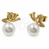 Oro Laminado Stud Earring, Gold Filled Style Butterfly Design, with Ivory Pearl and White Micro Pave, Polished, Golden Finish, 02.344.0242