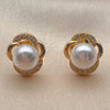 Oro Laminado Stud Earring, Gold Filled Style Flower Design, with Ivory Pearl and White Cubic Zirconia, Polished, Golden Finish, 02.344.0243