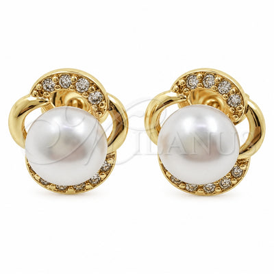 Oro Laminado Stud Earring, Gold Filled Style Flower Design, with Ivory Pearl and White Cubic Zirconia, Polished, Golden Finish, 02.344.0243