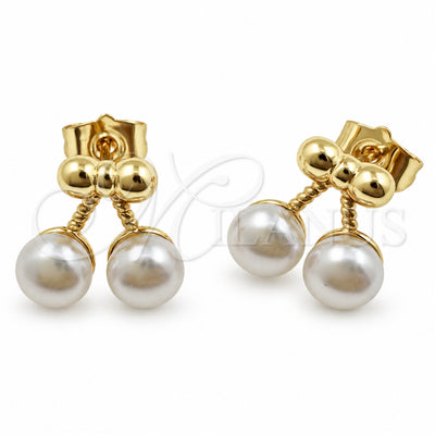 Oro Laminado Stud Earring, Gold Filled Style Cherry and Bow Design, with Ivory Pearl, Polished, Golden Finish, 02.344.0244