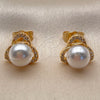 Oro Laminado Stud Earring, Gold Filled Style Leaf and Ball Design, with Ivory Pearl and White Micro Pave, Polished, Golden Finish, 02.344.0245