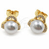 Oro Laminado Stud Earring, Gold Filled Style Leaf and Ball Design, with Ivory Pearl and White Micro Pave, Polished, Golden Finish, 02.344.0245