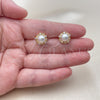 Oro Laminado Stud Earring, Gold Filled Style Flower and Ball Design, with Ivory Pearl and White Cubic Zirconia, Polished, Golden Finish, 02.344.0246