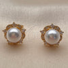 Oro Laminado Stud Earring, Gold Filled Style Flower and Ball Design, with Ivory Pearl and White Cubic Zirconia, Polished, Golden Finish, 02.344.0246