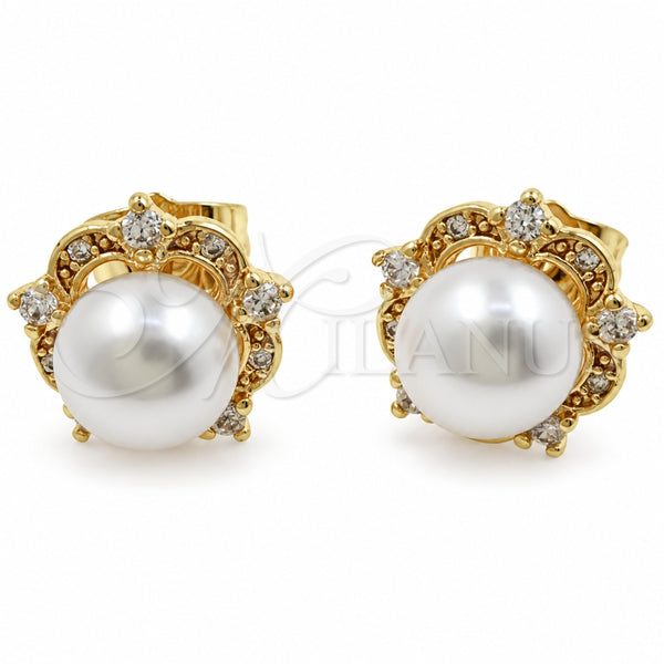 Oro Laminado Stud Earring, Gold Filled Style Flower and Ball Design, with Ivory Pearl and White Cubic Zirconia, Polished, Golden Finish, 02.344.0246
