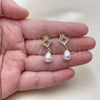 Oro Laminado Stud Earring, Gold Filled Style Teardrop Design, with Ivory Pearl and White Micro Pave, Polished, Golden Finish, 02.344.0247