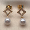Oro Laminado Stud Earring, Gold Filled Style Teardrop Design, with Ivory Pearl and White Micro Pave, Polished, Golden Finish, 02.344.0247