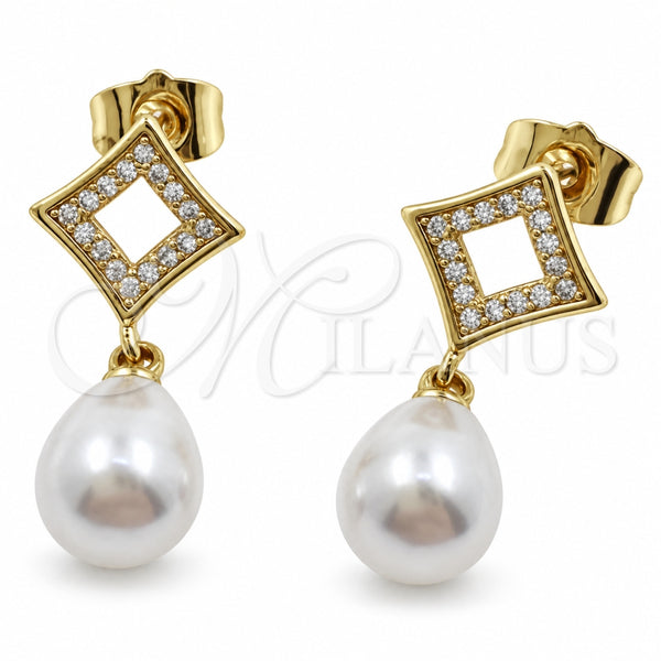 Oro Laminado Stud Earring, Gold Filled Style Teardrop Design, with Ivory Pearl and White Micro Pave, Polished, Golden Finish, 02.344.0247