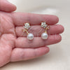 Oro Laminado Stud Earring, Gold Filled Style Flower and Ball Design, with Ivory Pearl and White Cubic Zirconia, Polished, Golden Finish, 02.344.0248