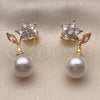 Oro Laminado Stud Earring, Gold Filled Style Flower and Ball Design, with Ivory Pearl and White Cubic Zirconia, Polished, Golden Finish, 02.344.0248