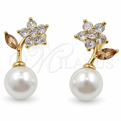 Oro Laminado Stud Earring, Gold Filled Style Flower and Ball Design, with Ivory Pearl and White Cubic Zirconia, Polished, Golden Finish, 02.344.0248