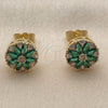 Oro Laminado Stud Earring, Gold Filled Style Flower Design, with Green and White Cubic Zirconia, Polished, Golden Finish, 02.344.0249