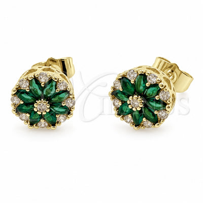 Oro Laminado Stud Earring, Gold Filled Style Flower Design, with Green and White Cubic Zirconia, Polished, Golden Finish, 02.344.0249