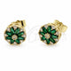Oro Laminado Stud Earring, Gold Filled Style Flower Design, with Green and White Cubic Zirconia, Polished, Golden Finish, 02.344.0249