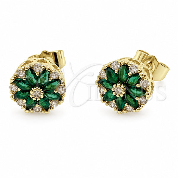 Oro Laminado Stud Earring, Gold Filled Style Flower Design, with Green and White Cubic Zirconia, Polished, Golden Finish, 02.344.0249