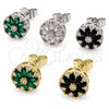 Oro Laminado Stud Earring, Gold Filled Style Flower Design, with Green and White Cubic Zirconia, Polished, Golden Finish, 02.344.0249