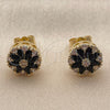 Oro Laminado Stud Earring, Gold Filled Style Flower Design, with Black and White Cubic Zirconia, Polished, Golden Finish, 02.344.0249.1