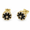 Oro Laminado Stud Earring, Gold Filled Style Flower Design, with Black and White Cubic Zirconia, Polished, Golden Finish, 02.344.0249.1