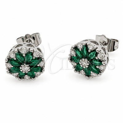 White Gold Filled Stud Earring, Flower Design, with Green and White Cubic Zirconia, Polished, Rhodium Finish, 02.344.0249.3