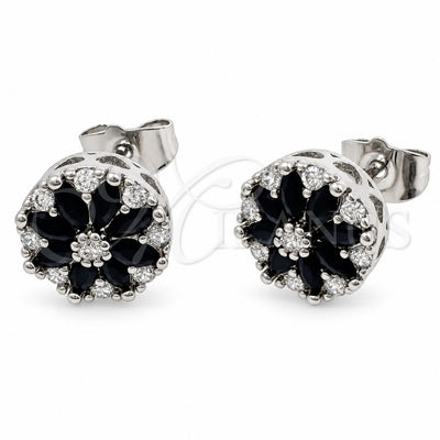 White Gold Filled Stud Earring, Flower Design, with Black and White Cubic Zirconia, Polished, Rhodium Finish, 02.344.0249.4