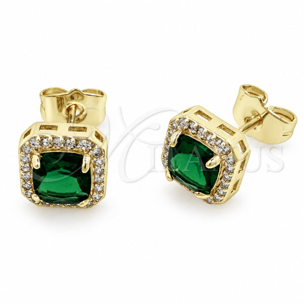 Oro Laminado Stud Earring, Gold Filled Style Cluster Design, with Green Cubic Zirconia and White Micro Pave, Polished, Golden Finish, 02.344.0250