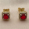 Oro Laminado Stud Earring, Gold Filled Style Cluster Design, with Garnet Cubic Zirconia and White Micro Pave, Polished, Golden Finish, 02.344.0250.1