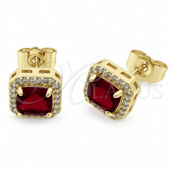 Oro Laminado Stud Earring, Gold Filled Style Cluster Design, with Garnet Cubic Zirconia and White Micro Pave, Polished, Golden Finish, 02.344.0250.1