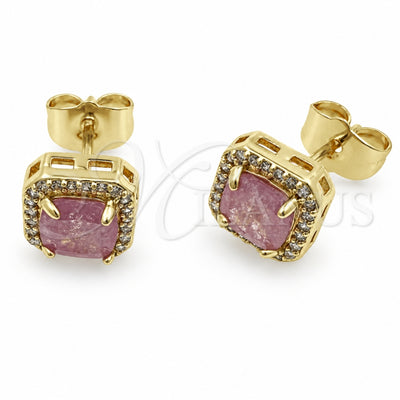 Oro Laminado Stud Earring, Gold Filled Style Cluster Design, with Pink Cubic Zirconia and White Micro Pave, Polished, Golden Finish, 02.344.0250.2