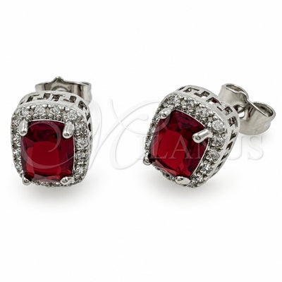 White Gold Filled Stud Earring, Cluster and Greek Key Design, with Garnet Cubic Zirconia and White Micro Pave, Polished, Rhodium Finish, 02.342.0209.3
