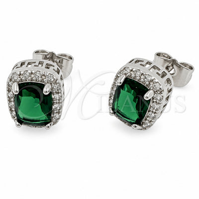 White Gold Filled Stud Earring, Cluster and Greek Key Design, with Green Cubic Zirconia and White Micro Pave, Polished, Rhodium Finish, 02.342.0209.4