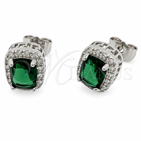White Gold Filled Stud Earring, Cluster and Greek Key Design, with Green Cubic Zirconia and White Micro Pave, Polished, Rhodium Finish, 02.342.0209.4